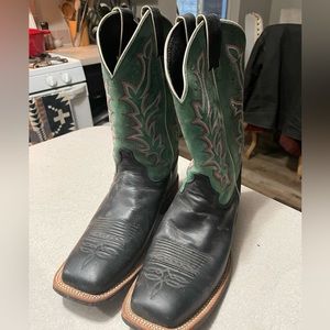 JUSTIN Bent Rail ladies cowboy western boots sz 11B black & teal square toe.